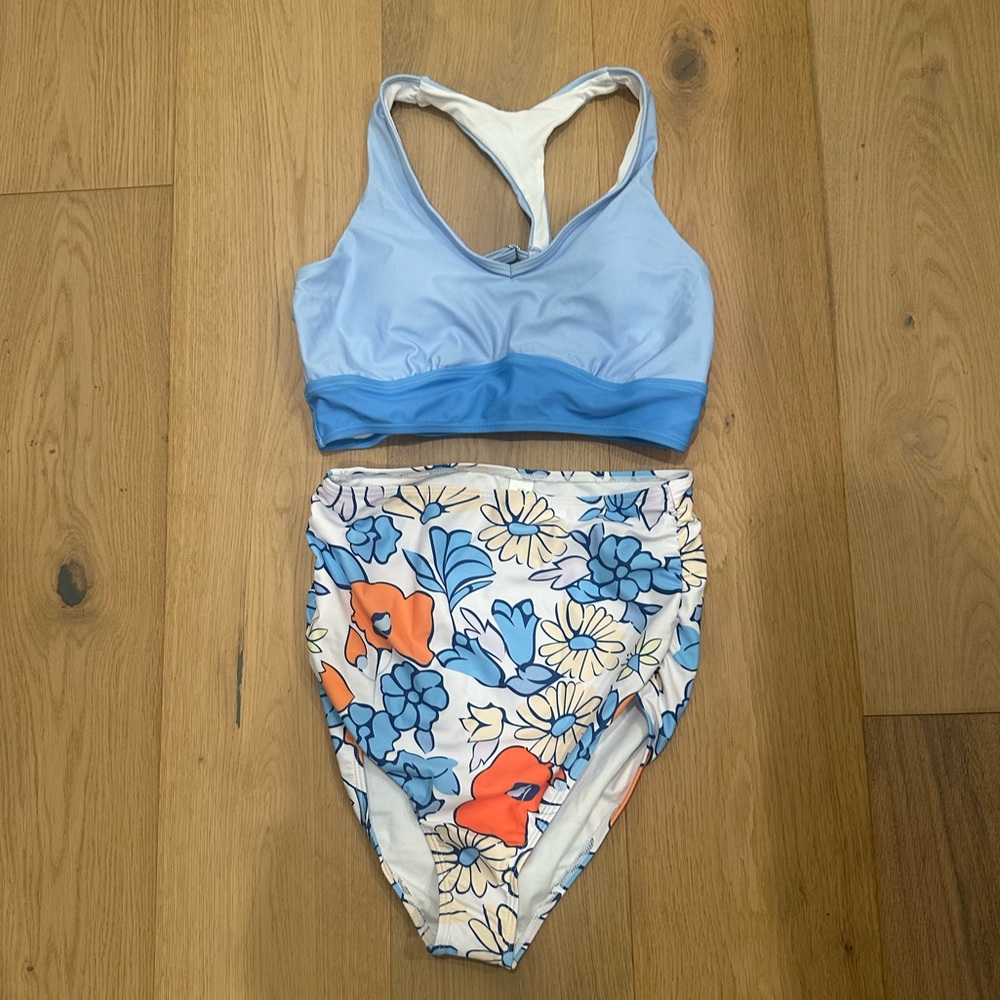 Blue and Floral Two-Piece Swimsuit